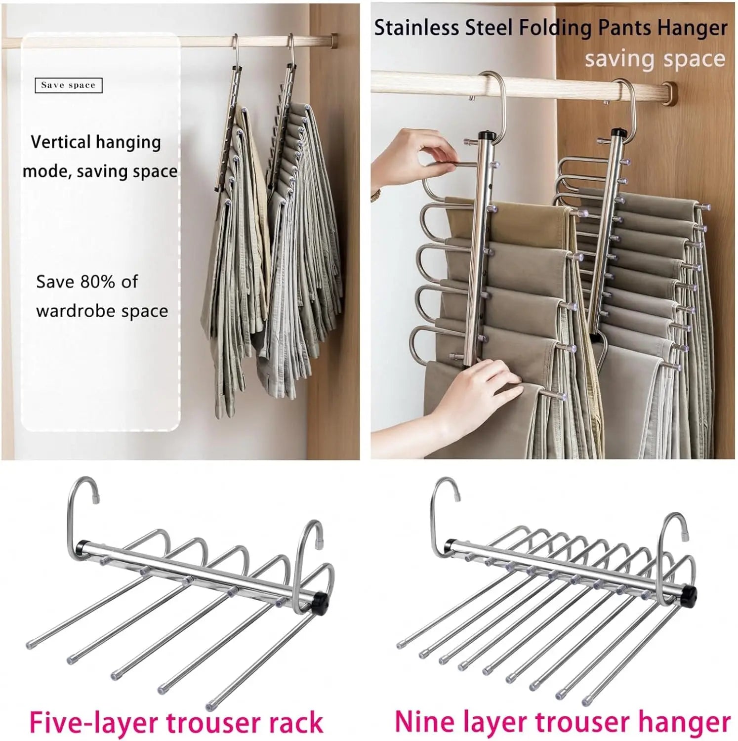 1/2pcs Folding Magic Pants Hangers,5/9Layer Stainless Steel Space Saving Clothes Rack,Jeans Trousers Scarf Organizers for Closet