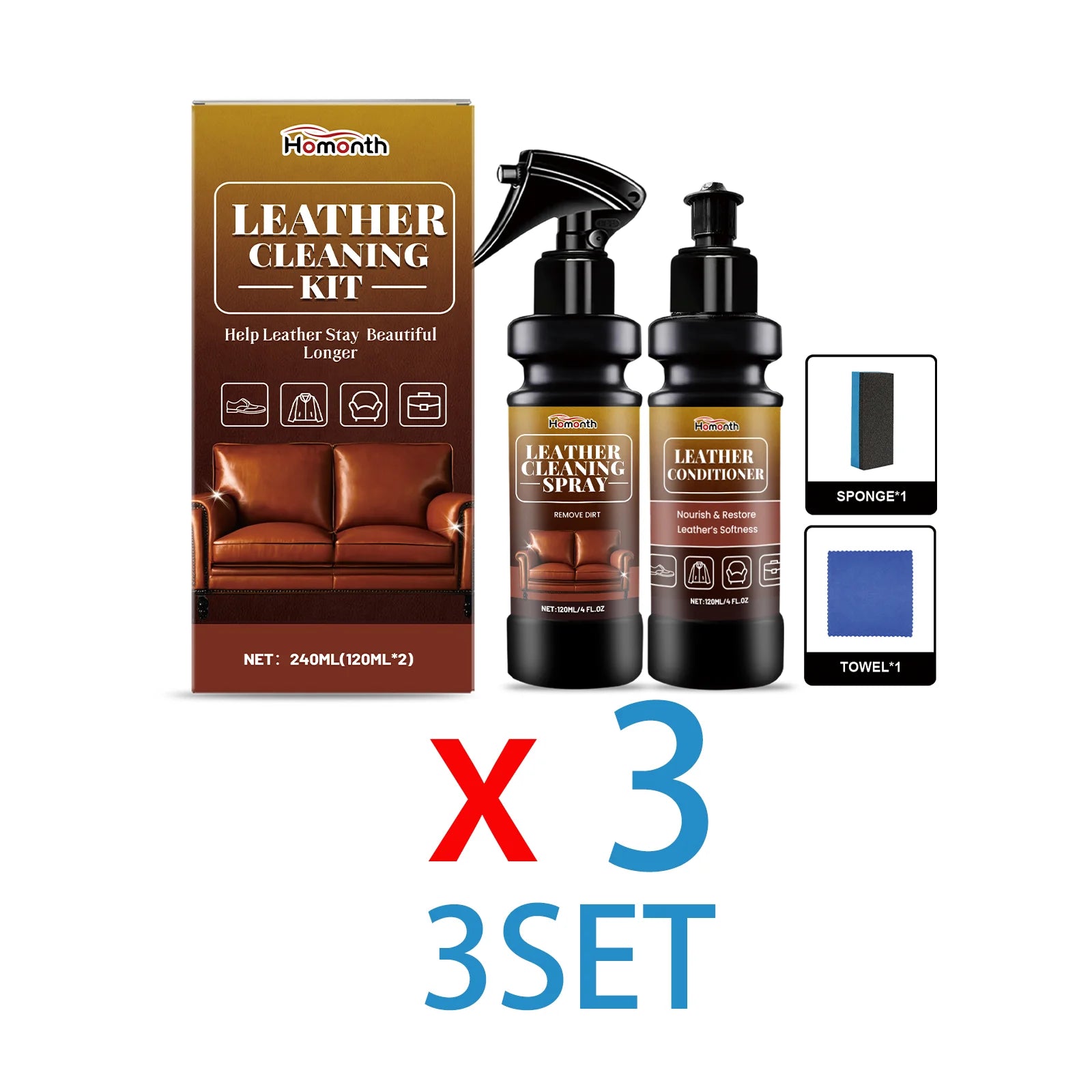 Leather Cleaner Conditioner Kit  Care Set Deep Spray Nourishing Cream Restores Softness Shine Prevents Cracking Includes Sponge