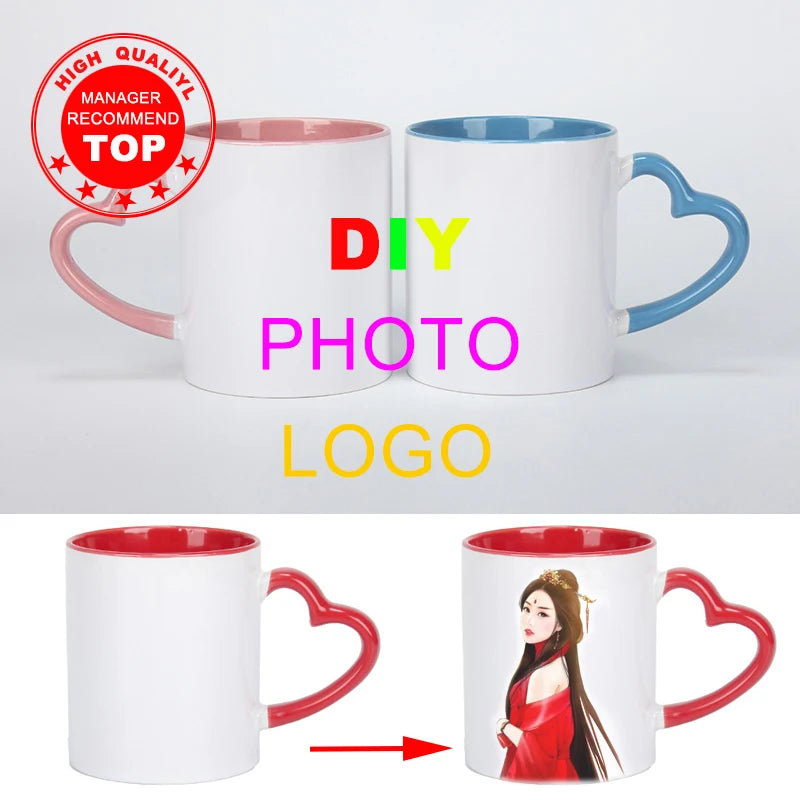 Customize white Ceramic coffee cup Creative customize logo Mug white Pnik handle Ceramic cups Print Pictures logo text mugs