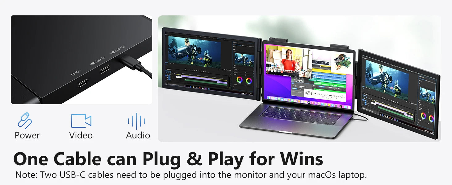 Amoudo14 Inch Dual Portable Monitor 1920*1080P IPS Portable Triple Monitor with USB-C Port for 14-16.5" Laptops Windows/Mac Xbox