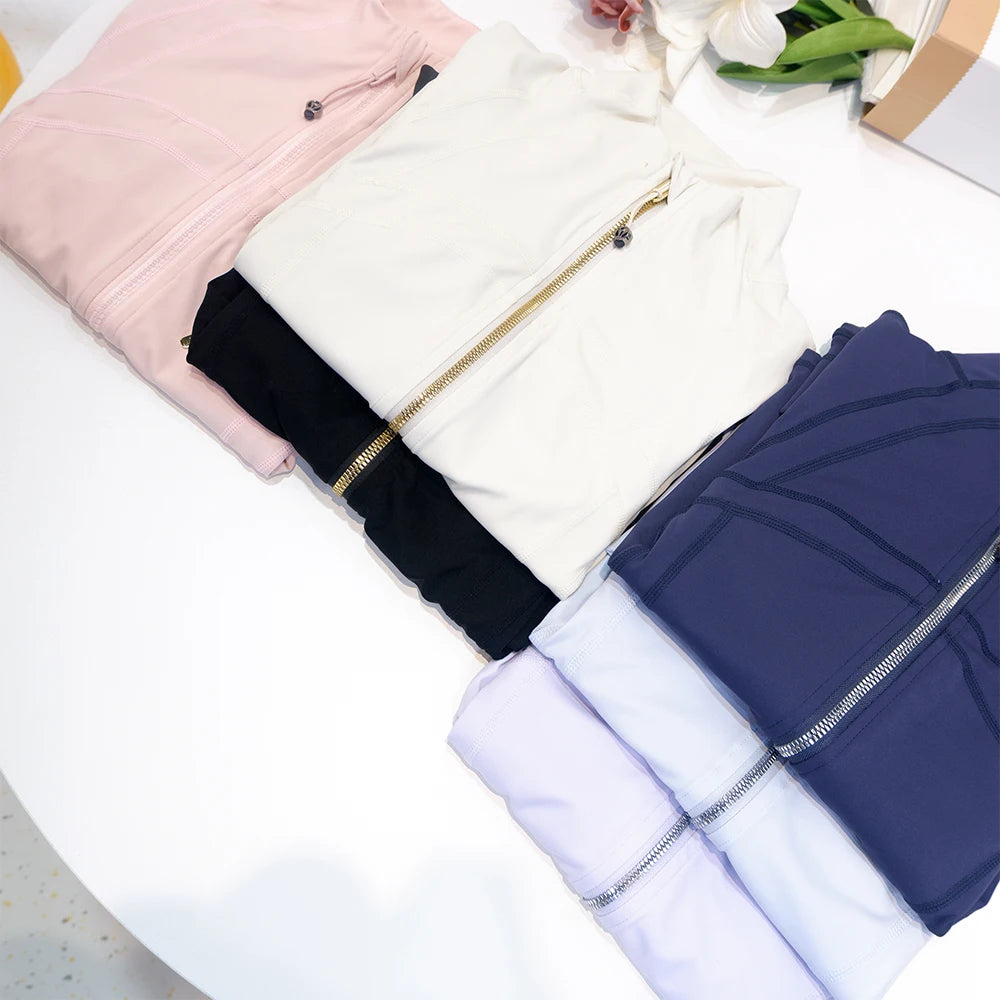 LULU FLORA Short silver zipper stand up collar jacket for waist slimming yoga women's outerwear, sun protection, quick drying,
