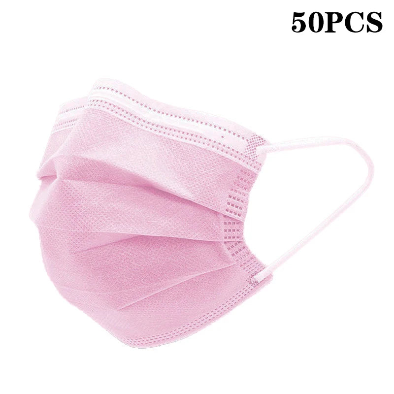 50Pcs 3-layer Mask Face Masks Melt Blown Cloth Disposable Safety Anti-Dust Protective Masks Blue Adults Non-wove Masque
