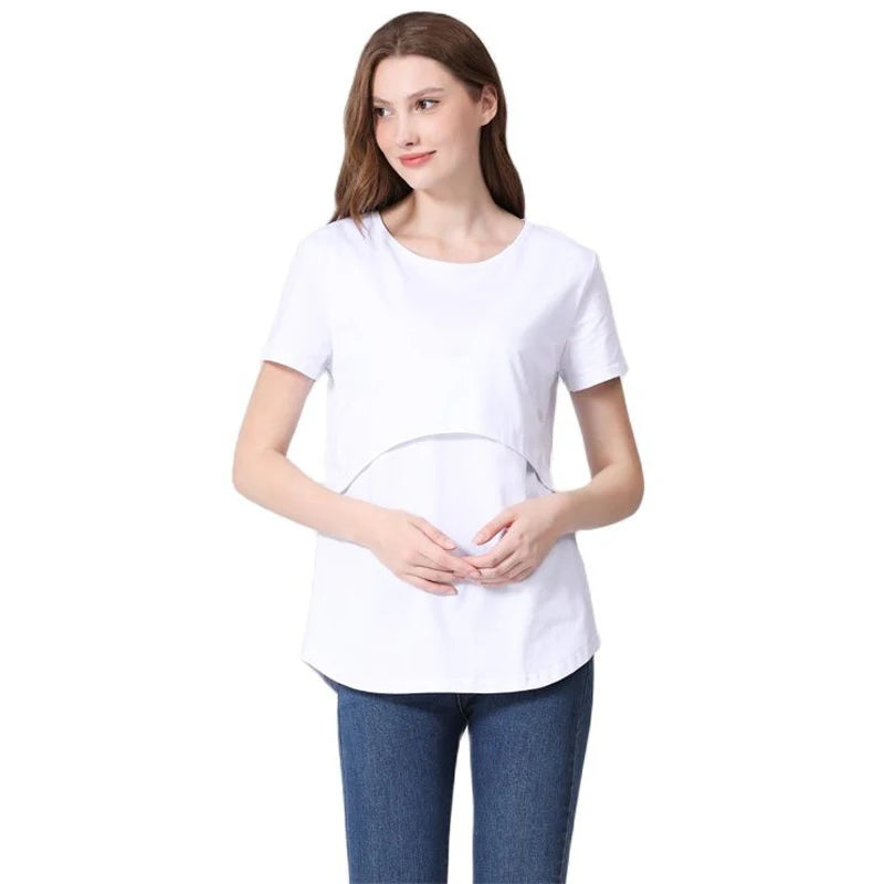 Plus Size Maternity T-Shirt Short Sleeve Stretch Cotton Breastfeeding Tees Loose Nursing Tops for Pregnant Women