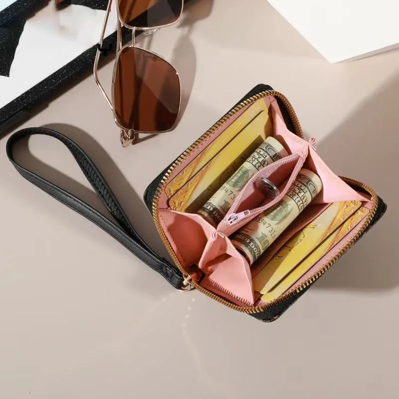Women's minimalist short wallet with zipper wrapped around clutch wallet, fashionable zipper wrapped around coin wallet
