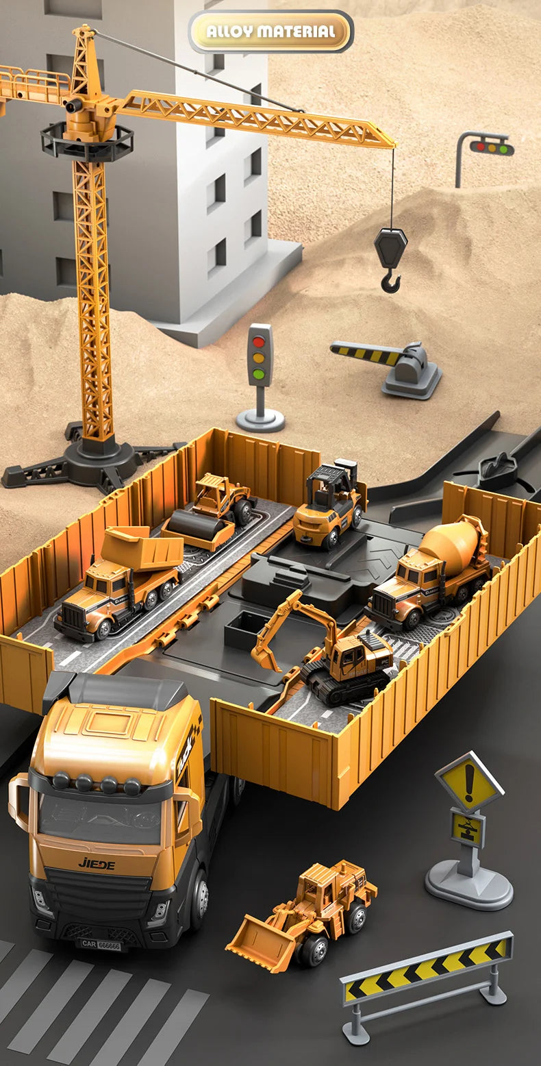 Alloy Construction Trucks Vehicle Toys for Kids Sounds Lights Effects Take Apart Container Crane,Excavator Trucks,Cement Mixer