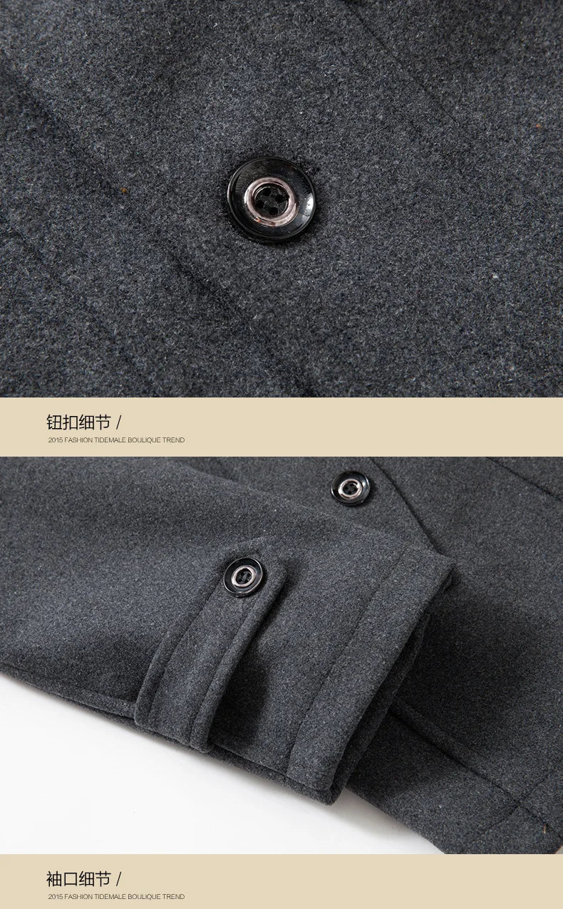 New Winter Mens Wool Blends Coats Solid Color Thick Warm Woolen Overcoat Double Neck Trench Coat Men Single Breasted Windbreaker