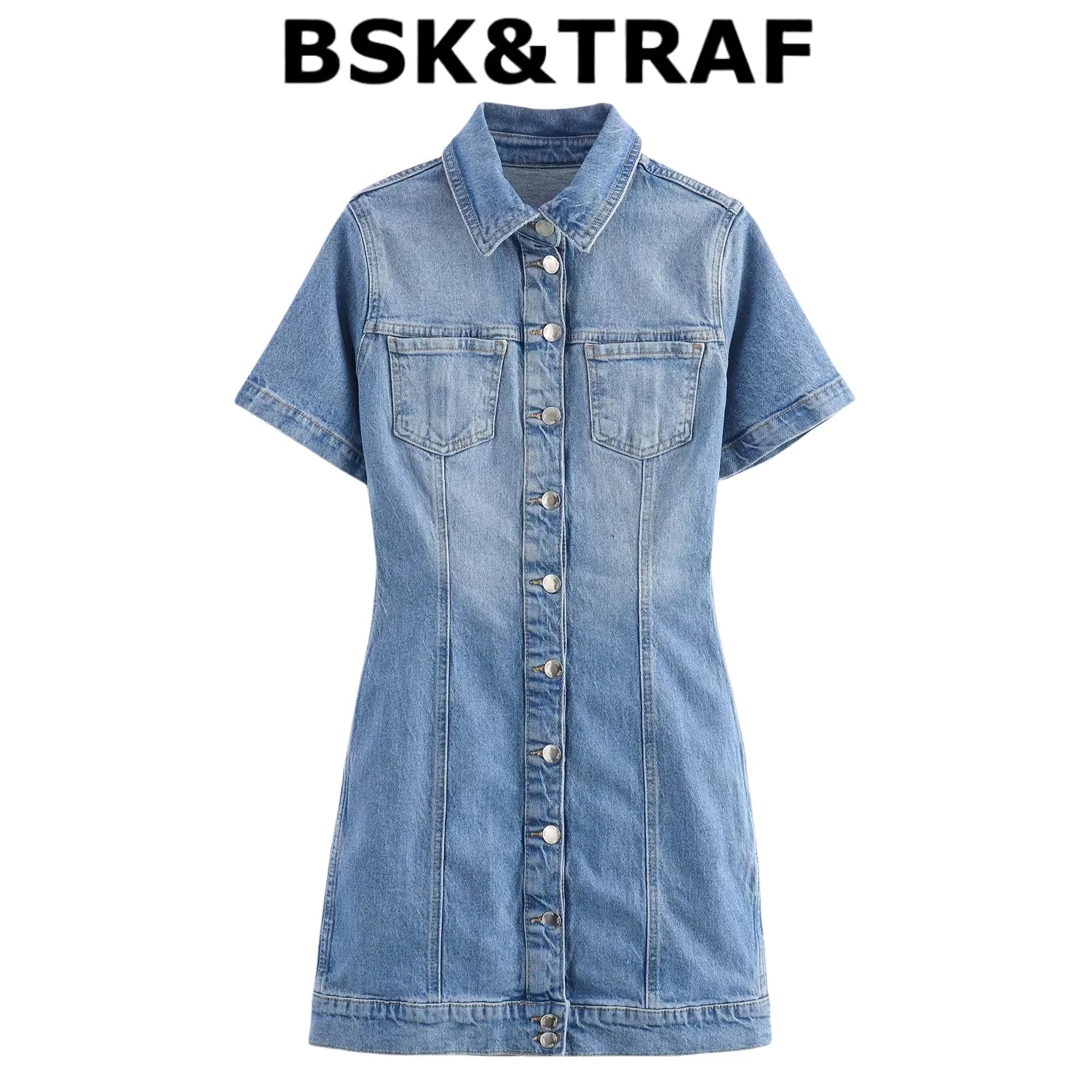 BSK&TRAF2025 Summer New Women's Temperament Slim Button-Decorated Denim Short Sleeve Mini Dress 6147/070