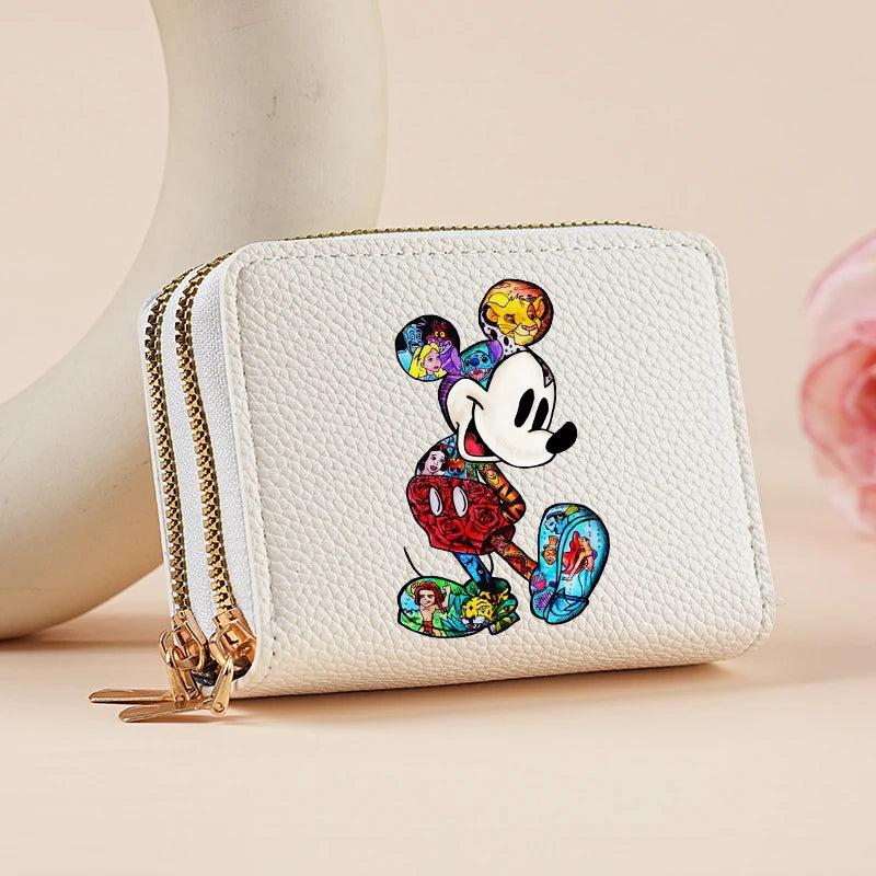 Mickey Minnie Women's Double Zipper Wallet Lychee Pattern Fashion Short Credit Card Holder with Large Capacity Coin Purse