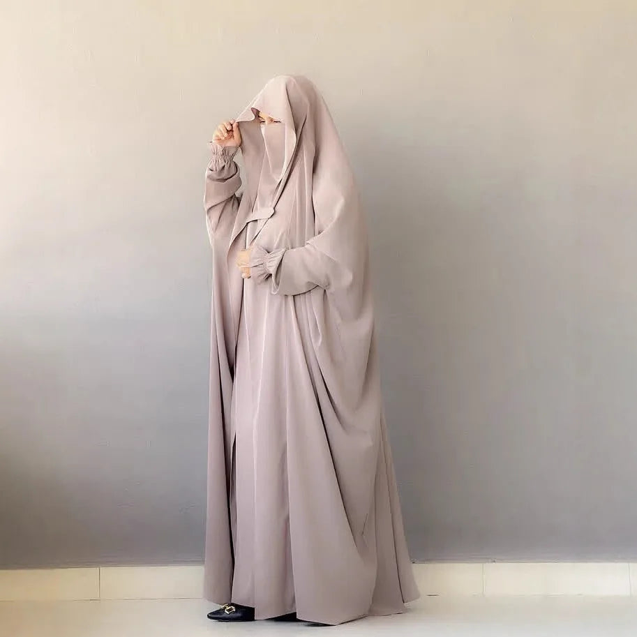 Muslim Abaya Hooded Smocking Sleeve One-piece Prayer Dress Women Jilbab Islamic Clothing Dubai Saudi Black Robe Turkish Modesty