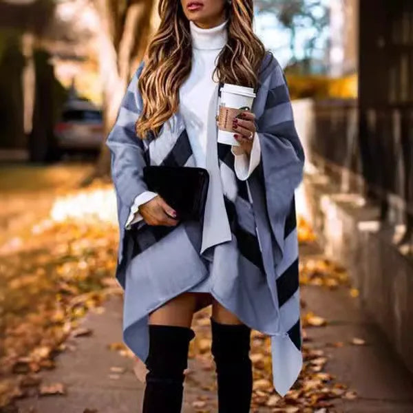 Auutmn Winter Fashion Casual Batwing Fluffy Sleeve Overcoat Women Elegant Knitted Color Block Capes Lady Irregular Ponchos Scarf