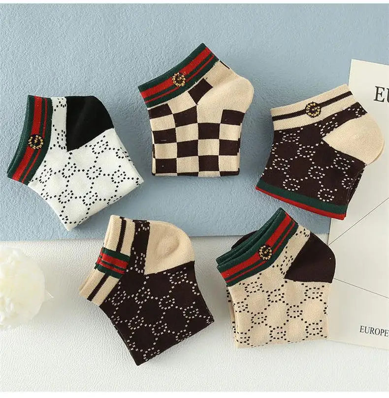 10 Pairs Men's Trendy Short Socks Summer Breathable Geometric Pattern Ankle Socks Luxury Designer Brand Fashion Low Cut Socks