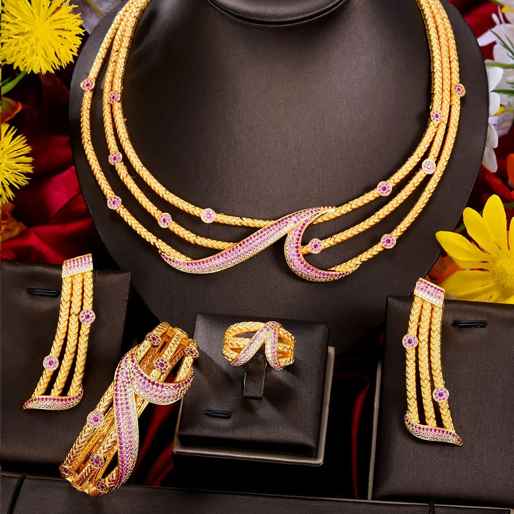GODKI Leaf Charms 4Pcs Luxury Nigerian Jewelry Set For Women Wedding Cubic Zircon Dubai Bridal Necklace Earring Bangle Ring Set