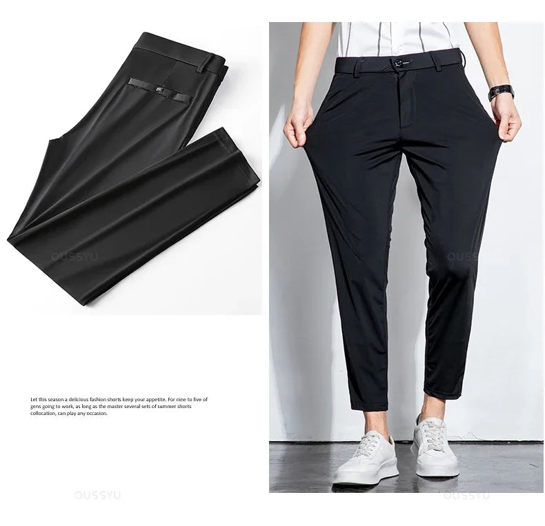 Summer Stretch Suit Pants Men Thin Business Solid Color Slim Ankle-Length Casual Formal Office Trousers