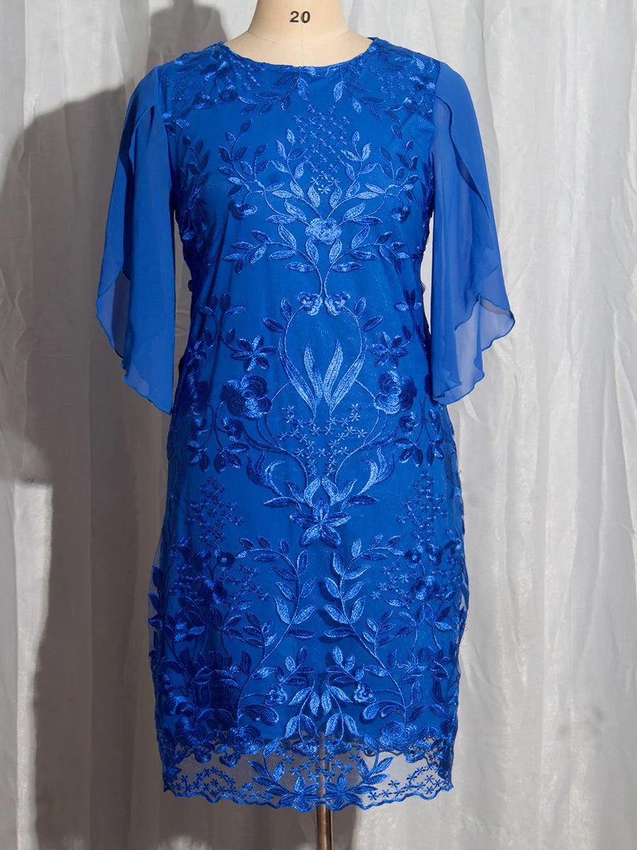 Elegant Round Neck Embroidery Knee Length Plus Size Formal Dress With Half Sleeves