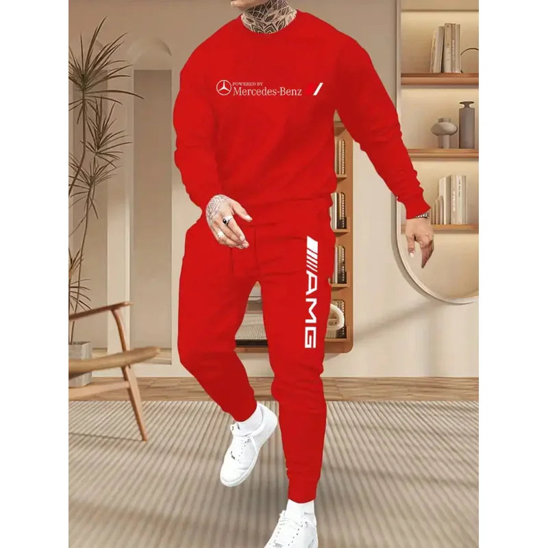 Mercedes-Benz Autumn Winter Set Men's Casual Versatile Printed Sweatshirt and Sweatpants Autumn Winter Cool Handsome Men's Long