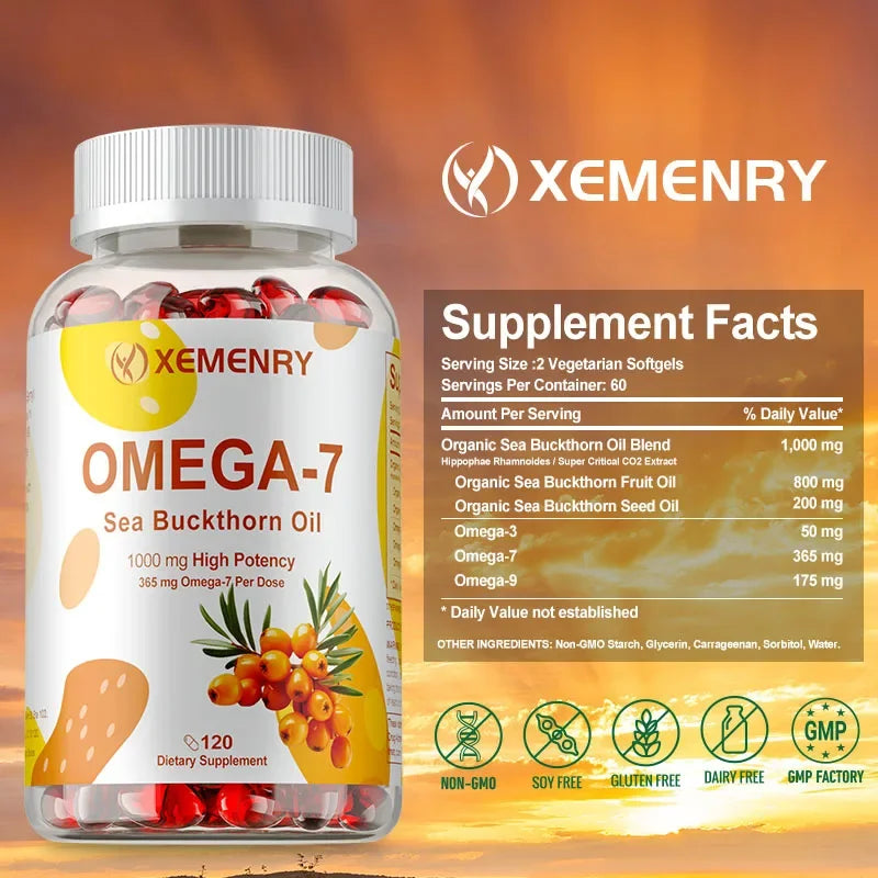 OMEGA-7 Sea Buckthorn Oil Supplements - Antioxidant, Supports Skin, Hair and Nail Health, Improves Digestion, Boosts ImmunitySup