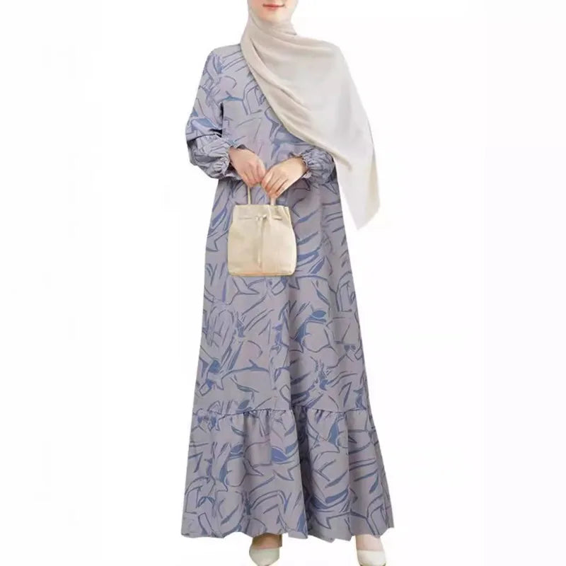 Muslim Women Abaya Middle East Fashion Long Sleeve Geometric Print Floral Dress