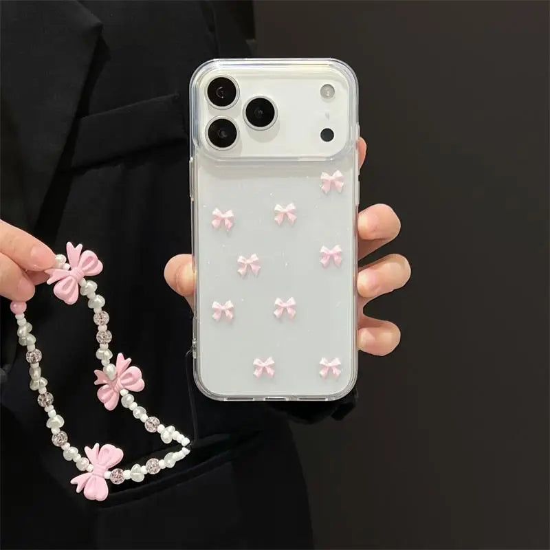 Korean Girl Pink Bowknot Phone Case For iPhone 17 Air 16 15 14 13 12 11 Pro Max 7 8 Plus X XR XS Max With Pink Bow Lanyard Cover