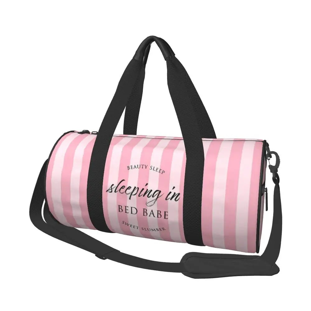 Pink White Stripe Round Capacity Travel Duffel Bag Male Female Large-Capacity Hand Luggage Sports Fitness Bag Travel Package