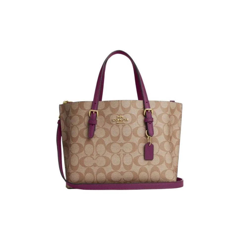 COACH Mollie Coated Canvas With Leather Tote Bag, Shopping Bag, Handbag Medium Women's Khaki & Boysenberry C4250-IMRSF