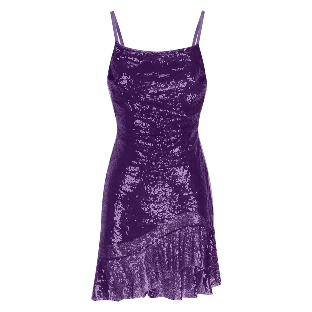 Sexy Slim Fitting Fashion Solid Color Sequin Back Cross Tie Ruffle Edge Sleeveless Suspender Irregular Hem Pleated Party Dress
