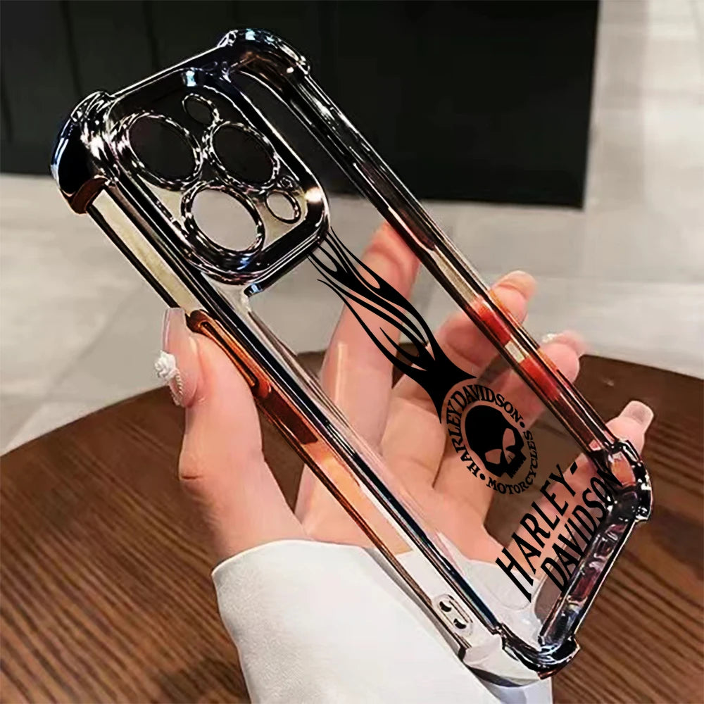 Luxury Skull Y-Harleyes Motorcycles Plating Phone Case For iPhone 17 16e 16 15 14 13 12 11 Pro Max 8 Air Plus Anti-Fall Airabag