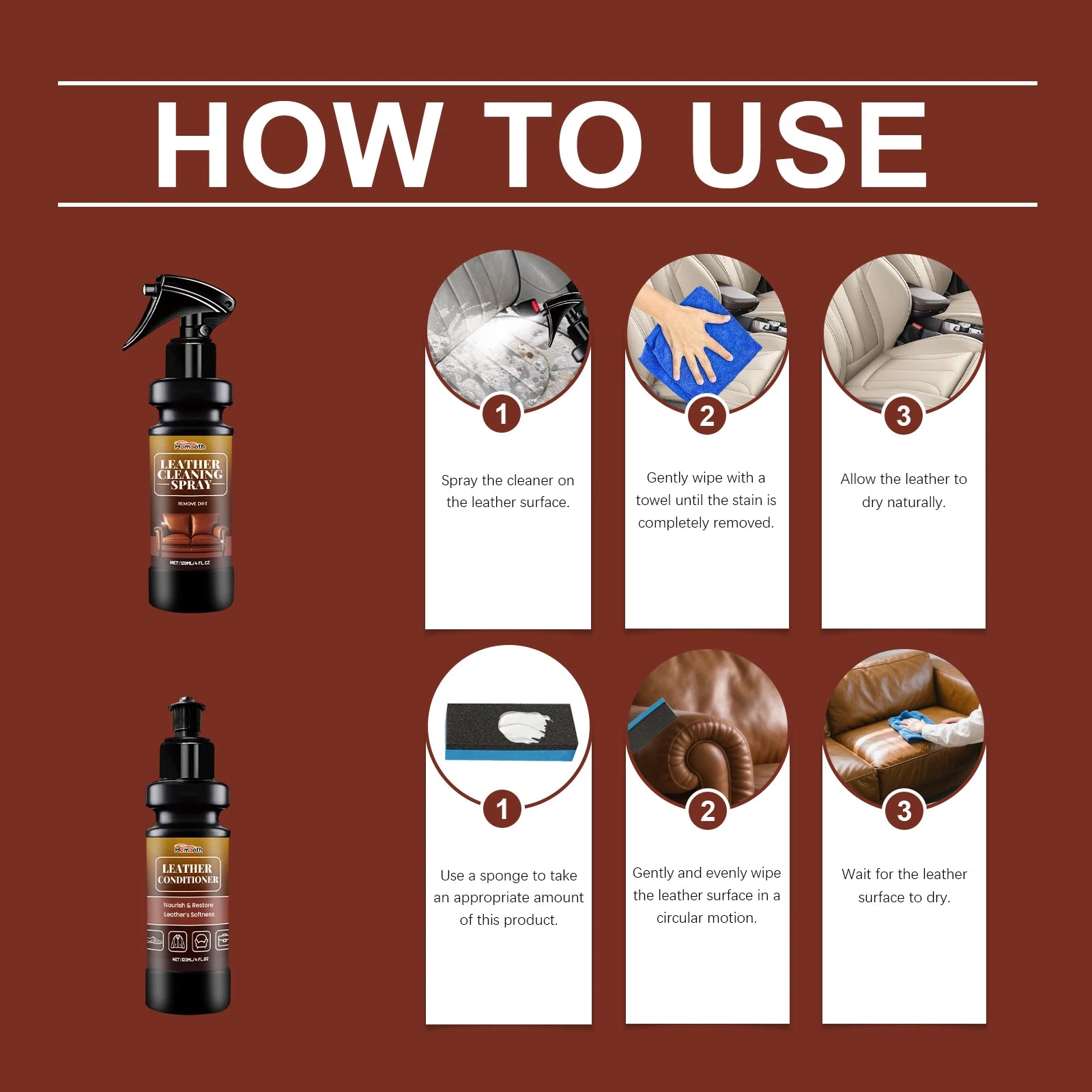 Leather Cleaner Conditioner Kit  Care Set Deep Spray Nourishing Cream Restores Softness Shine Prevents Cracking Includes Sponge