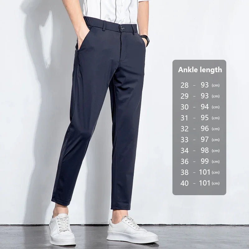 Summer Stretch Suit Pants Men Thin Business Solid Color Slim Ankle-Length Casual Formal Office Trousers