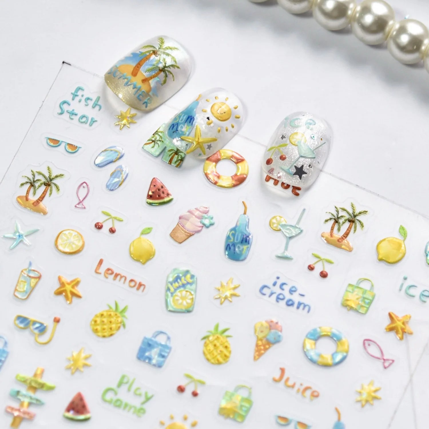 5D Fresh Summer Vacation Nail Sticker Coconut Tree Tropical Fruit Ice Cream Swim Ring Sunglasses Seaside Holiday Nail Art Decal
