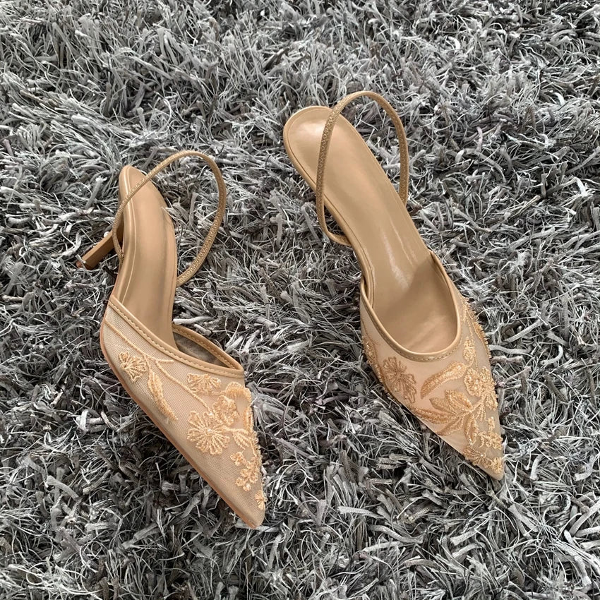 Luxury Brand High Heels Women Sandals Mesh Embroider Elegant Pointed Ladies Slingback Evening Party Wedding Bridal Dress Shoes