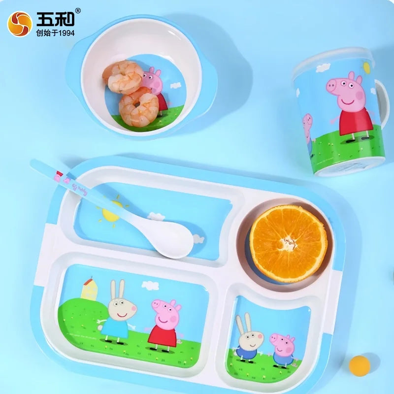 For Peppa Pig Tableware Cartoon Salad Bowl Anti-Fall Dining Plate Cup Spoon Baby Eating Double-ear Bowl Food-grade Divided Plate