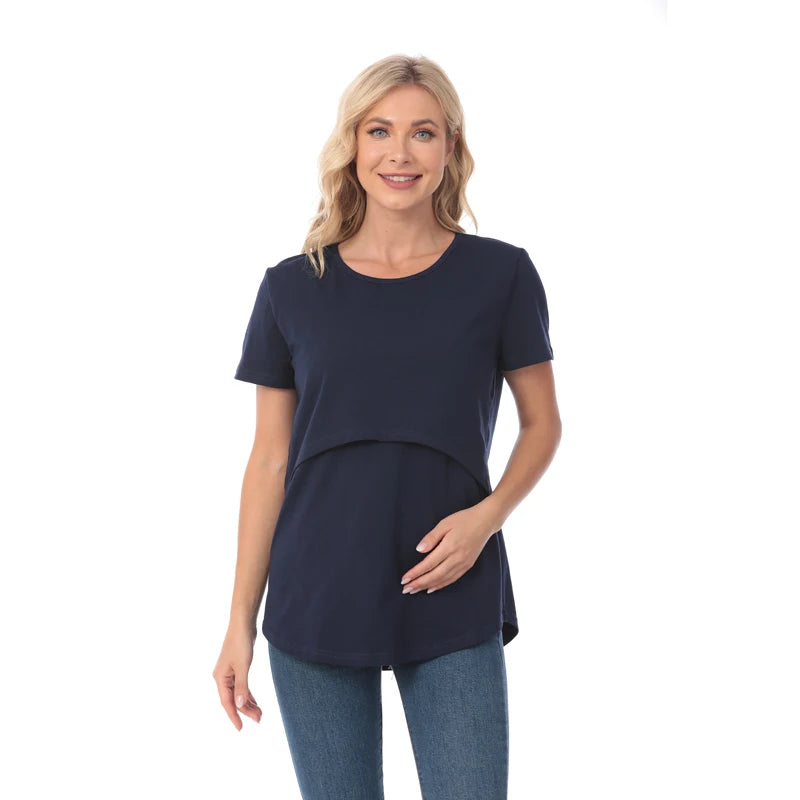 Plus Size Maternity T-Shirt Short Sleeve Stretch Cotton Breastfeeding Tees Loose Nursing Tops for Pregnant Women