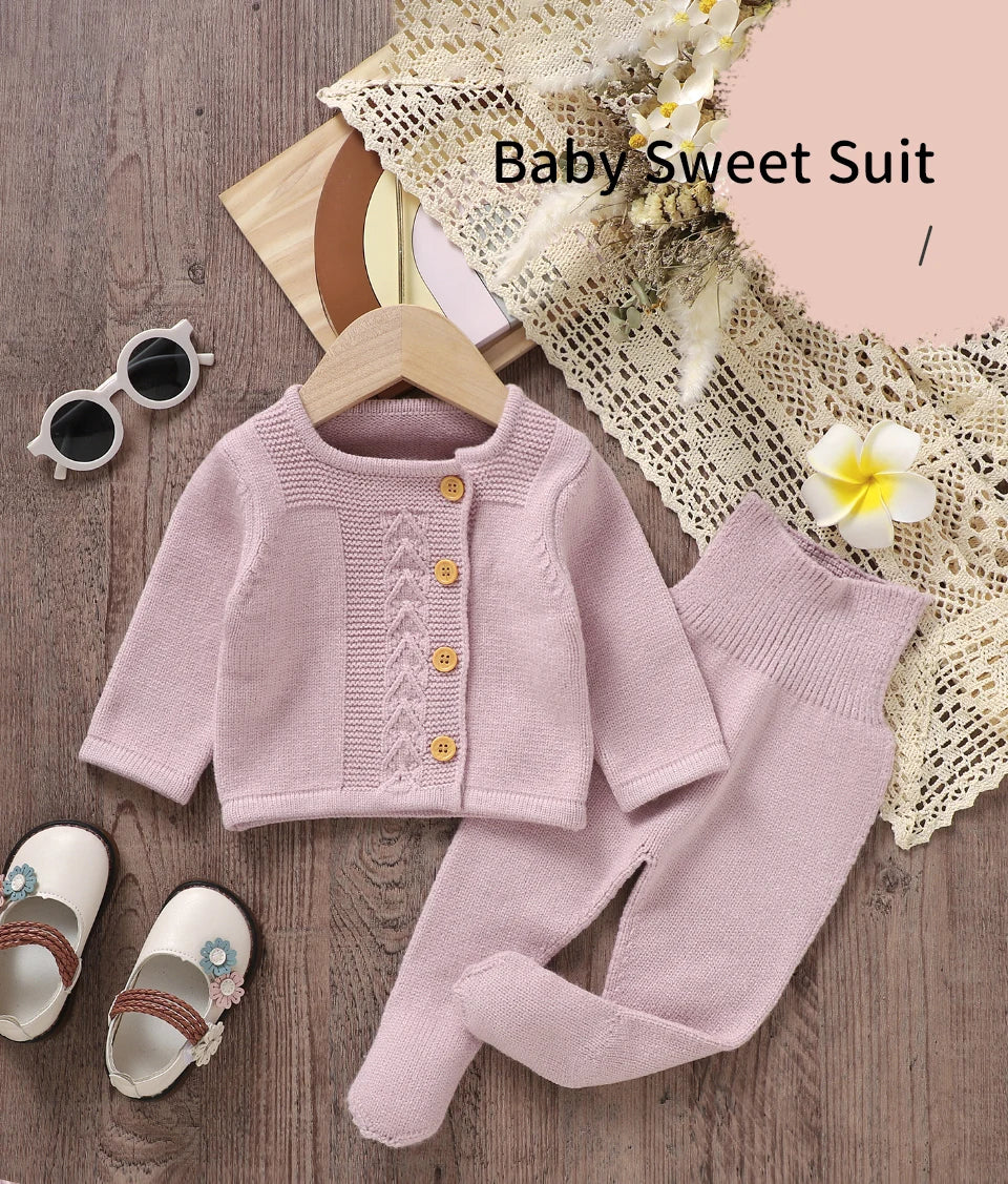 Toddler Kids Girls Clothes Autumn Winter Solid Long Sleeve Knitted Infant Knitwear Coats+Trousers Children 2pcs Outfits Sweaters