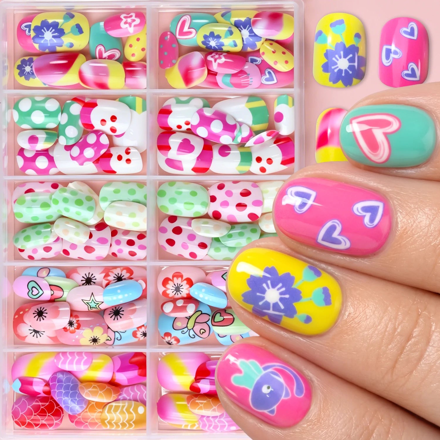 120pcs Square Round Flower Polka Dots Child False Nails Candy Color Mermaid Fish Scales Kids Press On Nails Pink Wearable Nails