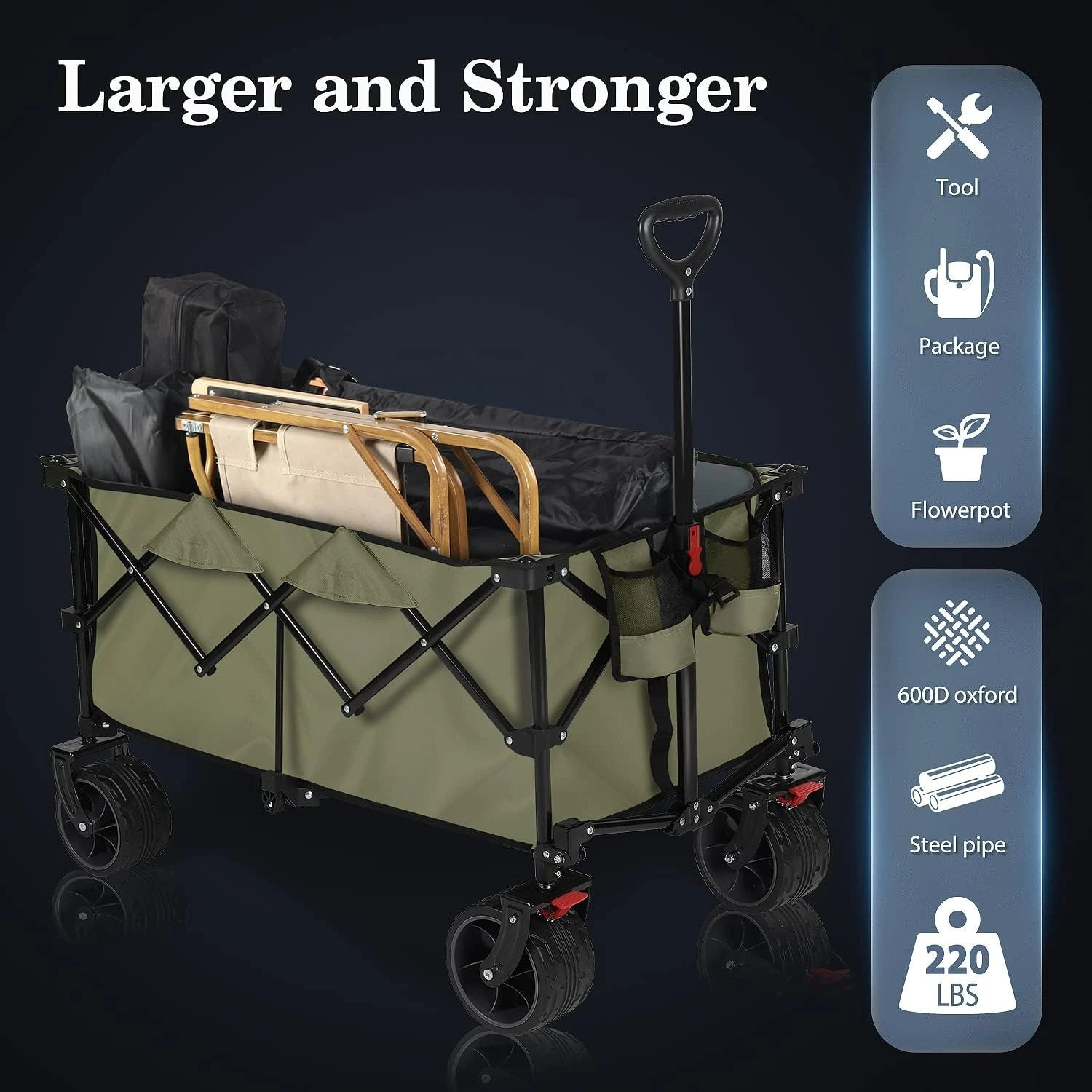 220L Collapsible Foldable Wagon with 330lbs Weight Capacity, Heavy Duty Folding Utility Garden Cart