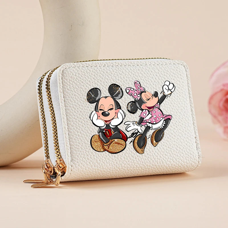Mickey Minnie Women's Double Zipper Wallet Lychee Pattern Fashion Short Credit Card Holder with Large Capacity Coin Purse