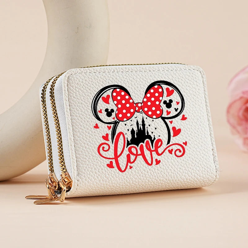 Mickey Minnie Women's Double Zipper Wallet Lychee Pattern Fashion Short Credit Card Holder with Large Capacity Coin Purse