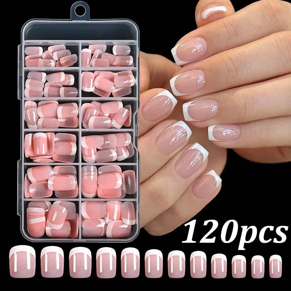 360/120pcs Light Pink Almond Press On Nails Glossy White French Fake Nail Simple Full Cover Fake Nails Soft Gel Nail Tips