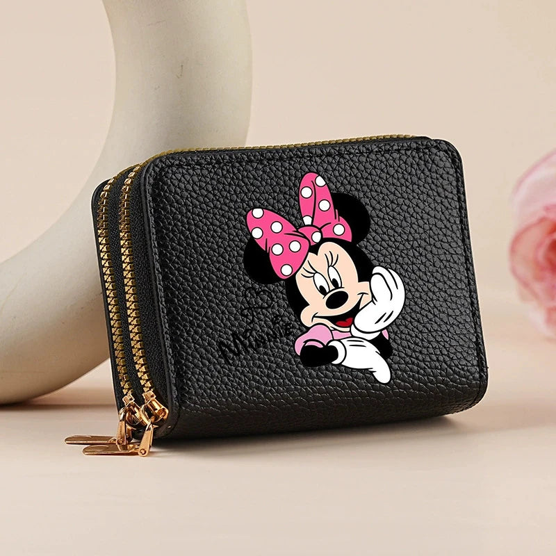 Mickey Minnie Women's Double Zipper Wallet Lychee Pattern Fashion Short Credit Card Holder with Large Capacity Coin Purse