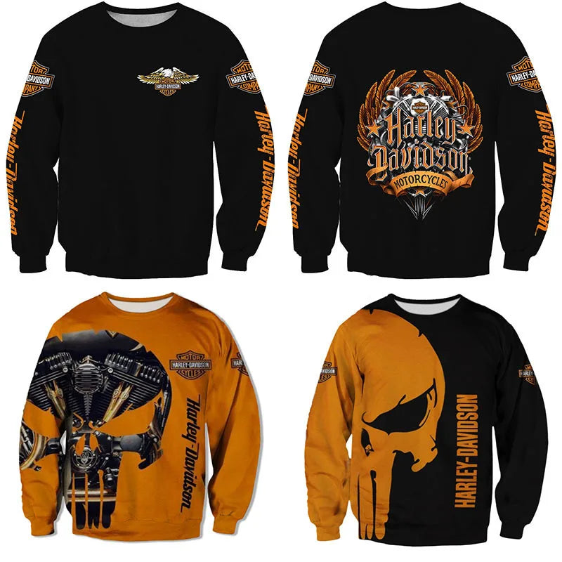Fashion 3D Men's Printed Retro Harley Motorcycle Round-neck Long-sleeved Sweatshirt For Harley Davidson Sportster VRSC Touring