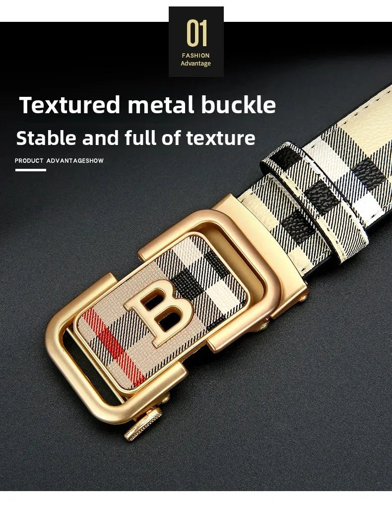 Trendy Plaid B Letter Automatic Buckle Belt for Men Premium Quality Fashionable Business Style Versatile Home Use