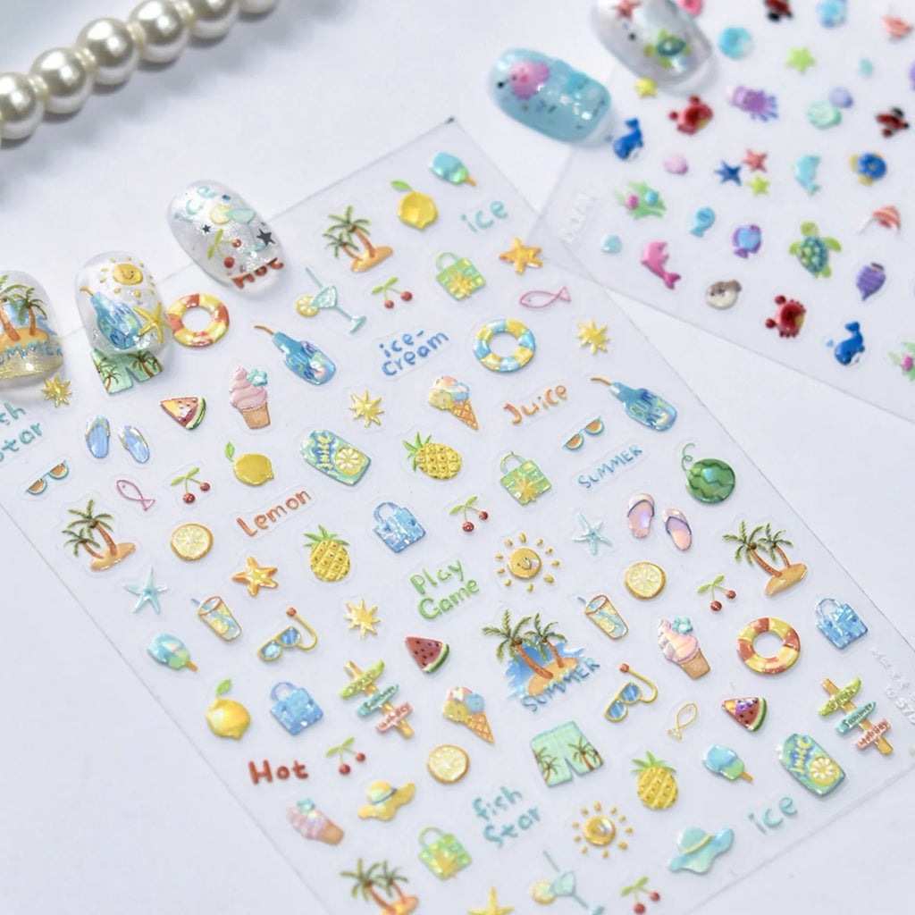5D Fresh Summer Vacation Nail Sticker Coconut Tree Tropical Fruit Ice Cream Swim Ring Sunglasses Seaside Holiday Nail Art Decal