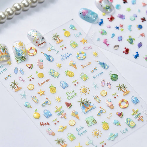 5D Fresh Summer Vacation Nail Sticker Coconut Tree Tropical Fruit Ice Cream Swim Ring Sunglasses Seaside Holiday Nail Art Decal