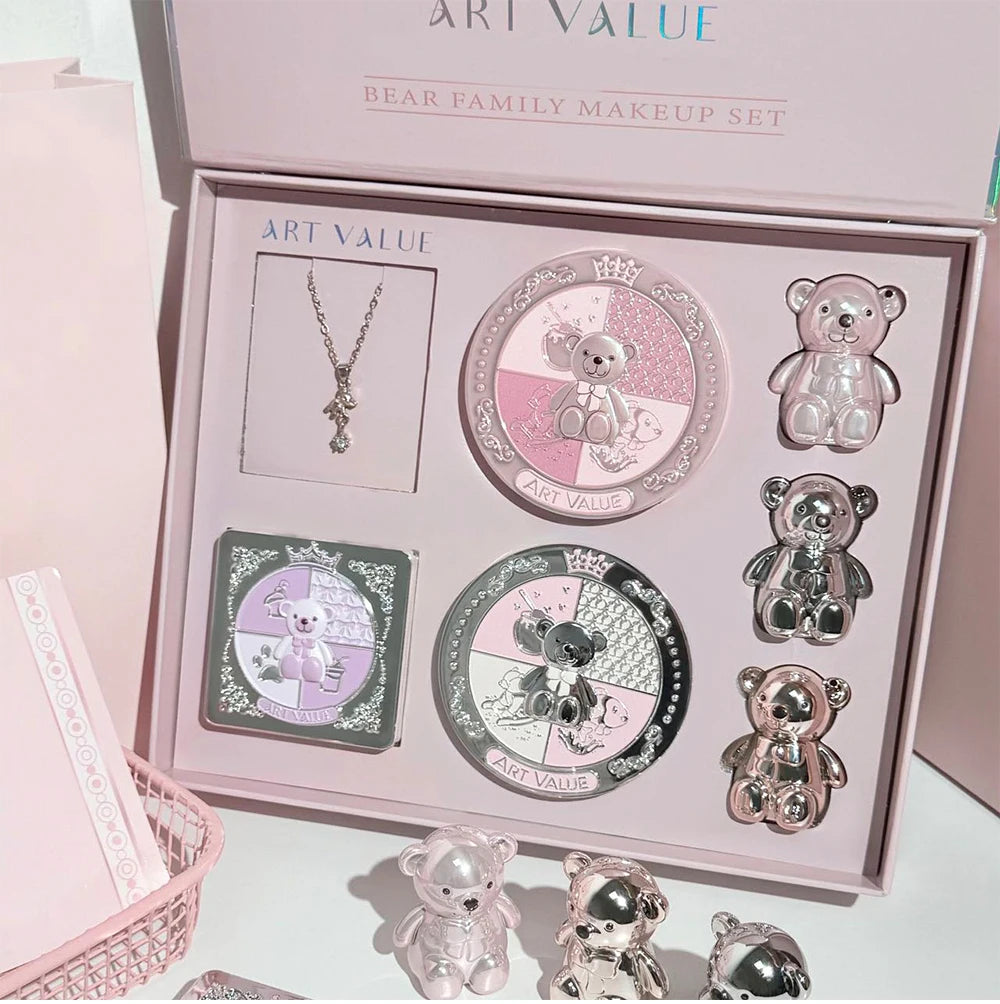 ART VALUE 7PC Makeup Sets Include 3 Colors Lip Mud,1 Pressed Powder,1 Blush,1 Eyeshadow Palette,1 Necklace Beauty Makeup Sets