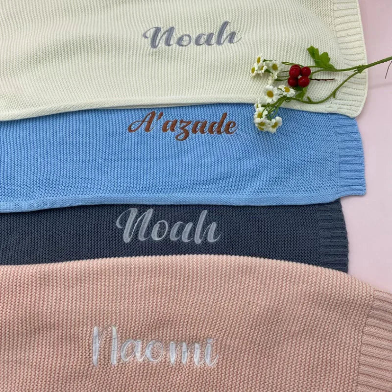 Personalized Embroidered Name Knitted Cotton Blanket Stroller Cover Kids Nap Blanket for Newborn Baby Shower Gift