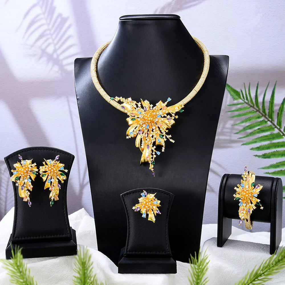 GODKI Famous Brand 4PCS Bicolor Flower African Jewelry Set For Women Wedding Party Zircon Crystal Dubai Bridal Jewelry Set Gift