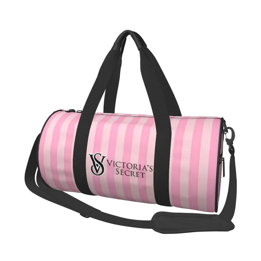 Pink White Stripe Round Capacity Travel Duffel Bag Male Female Large-Capacity Hand Luggage Sports Fitness Bag Travel Package