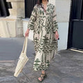 Women Print Long Sleeve Dress V-neck Long Sleeve High Waist Single Breasted Long Skirt New Holiday Loose Casual Women's Clothes