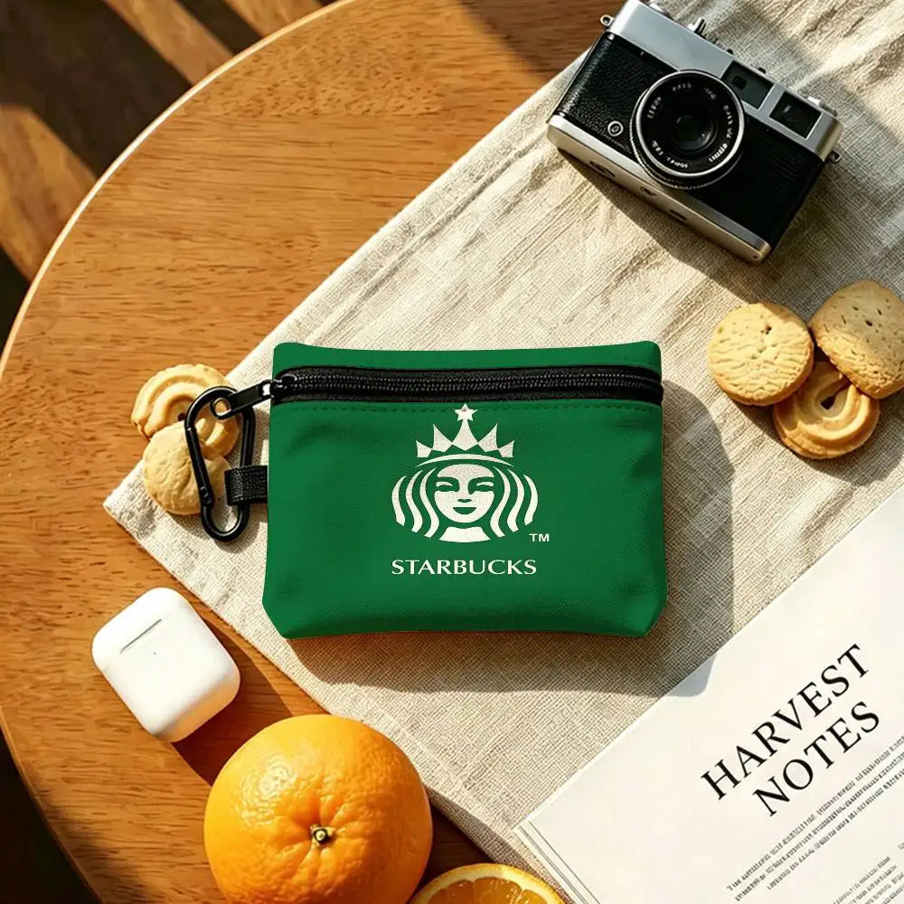 Cool S-Starbucks LOGO Mini Hanging Oxford Cloth Coin Bag Durable Zipper Key Card Pouch With Carabiner