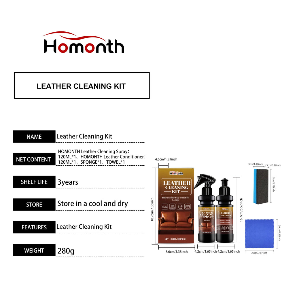 Leather Cleaner Conditioner Kit  Care Set Deep Spray Nourishing Cream Restores Softness Shine Prevents Cracking Includes Sponge